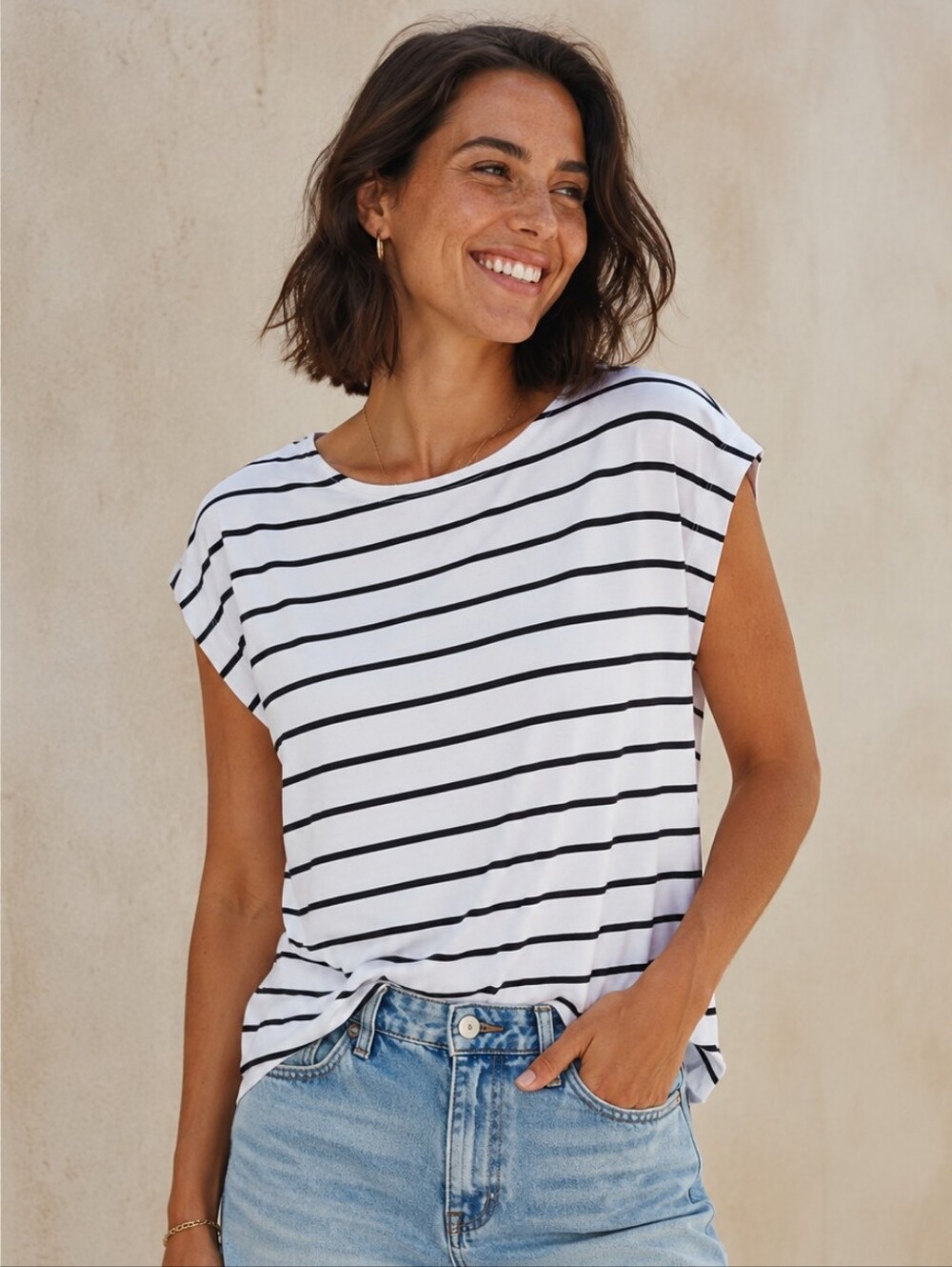 LOFT Petite Modern Wedge Cap Sleeve Tee | White & Black Stripes | Medium